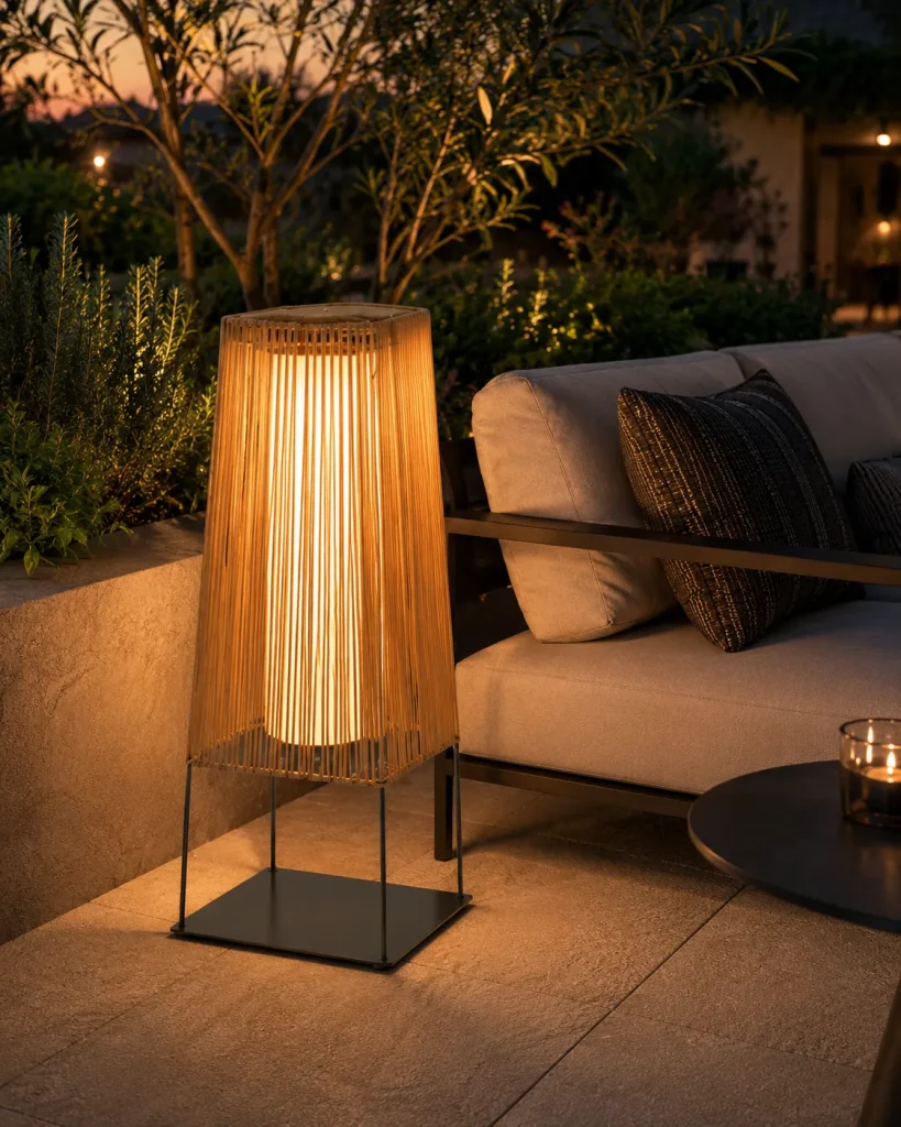 Natural Rattan Outdoor Floor Lamp | Handwoven LED 6W Warm White Standing Light