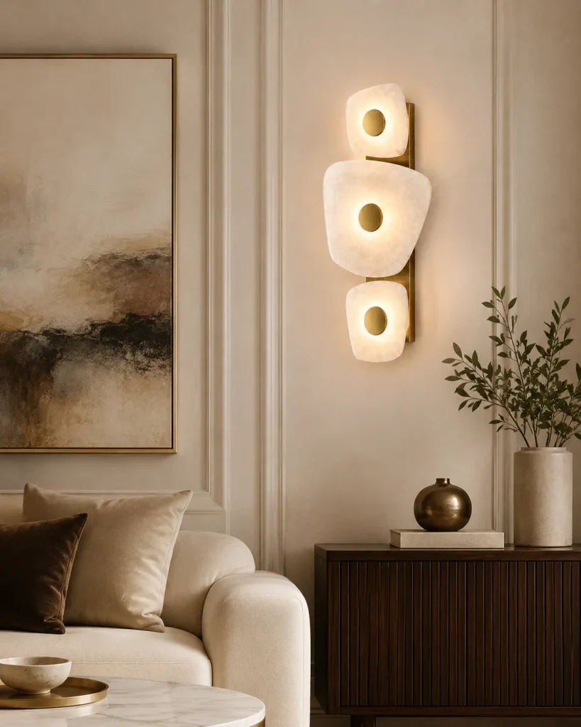 Modern Alabaster Wall Light | Brass & Stone Triple LED Wall Sconce Luxury Lighting