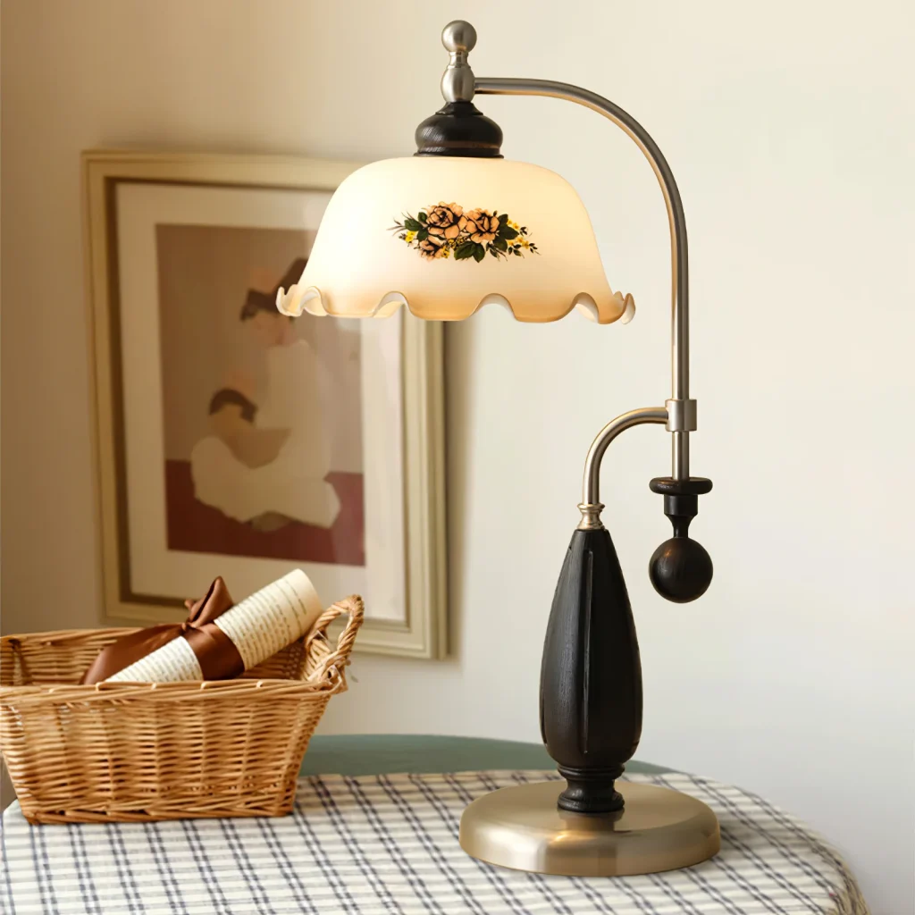 Vintage Floral Brass Table Lamp | Antique European Warm Bedside Lamp