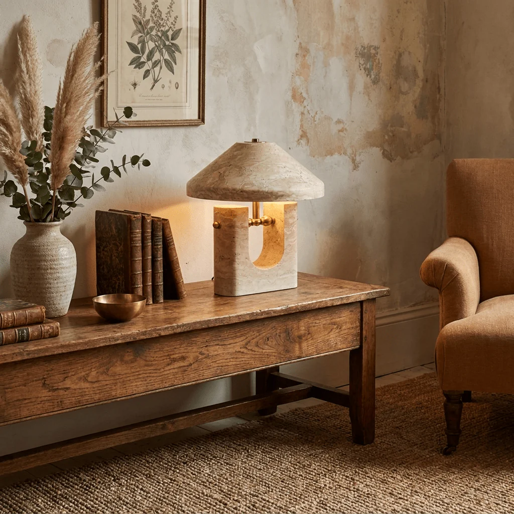 Travertine U-Form Sculptural Table Lamp–Wabi-Sabi Natural Stone LED Series