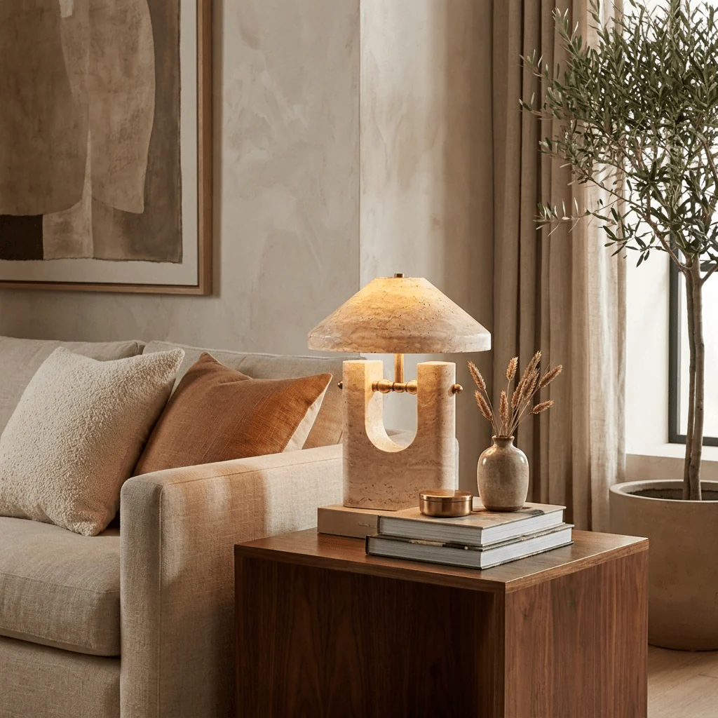 Travertine U-Form Sculptural Table Lamp–Wabi-Sabi Natural Stone LED Series