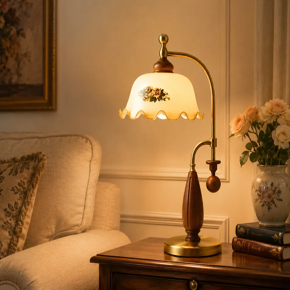 Vintage Floral Brass Table Lamp | Antique European Warm Bedside Lamp