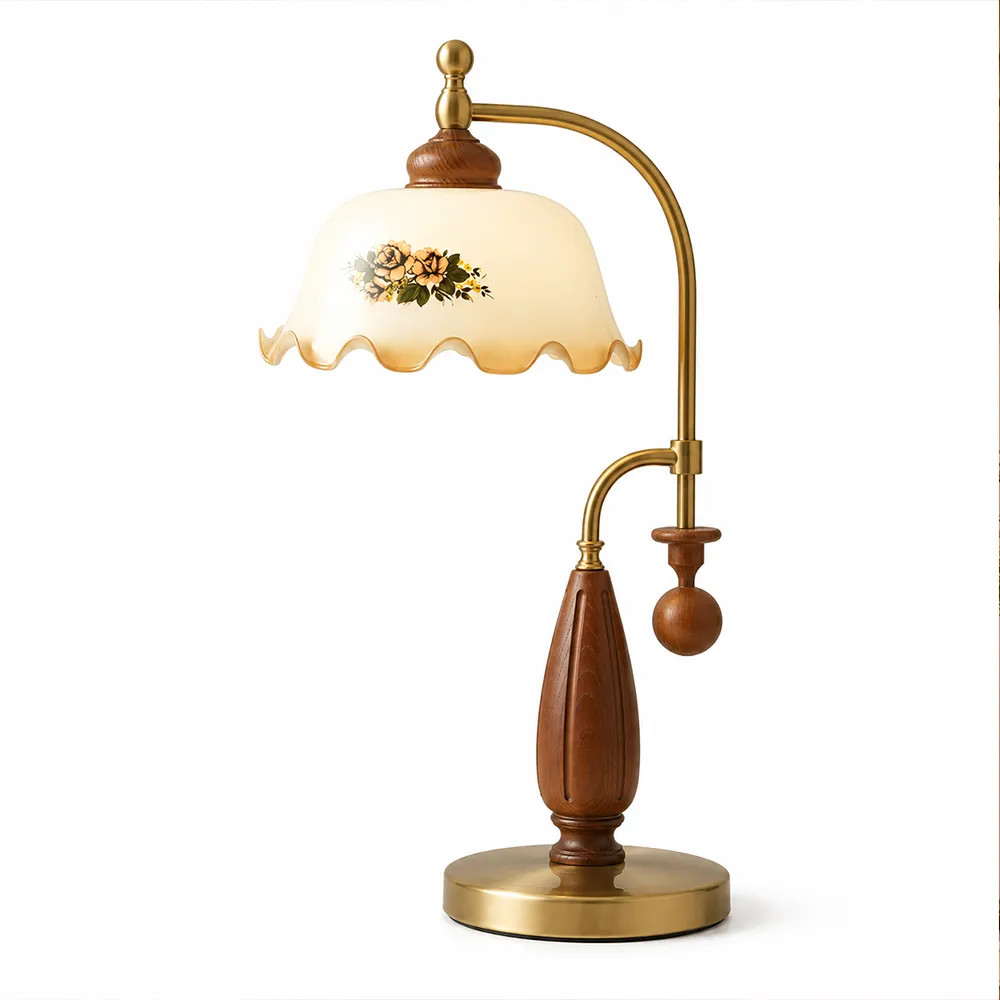 Vintage Floral Brass Table Lamp | Antique European Warm Bedside Lamp