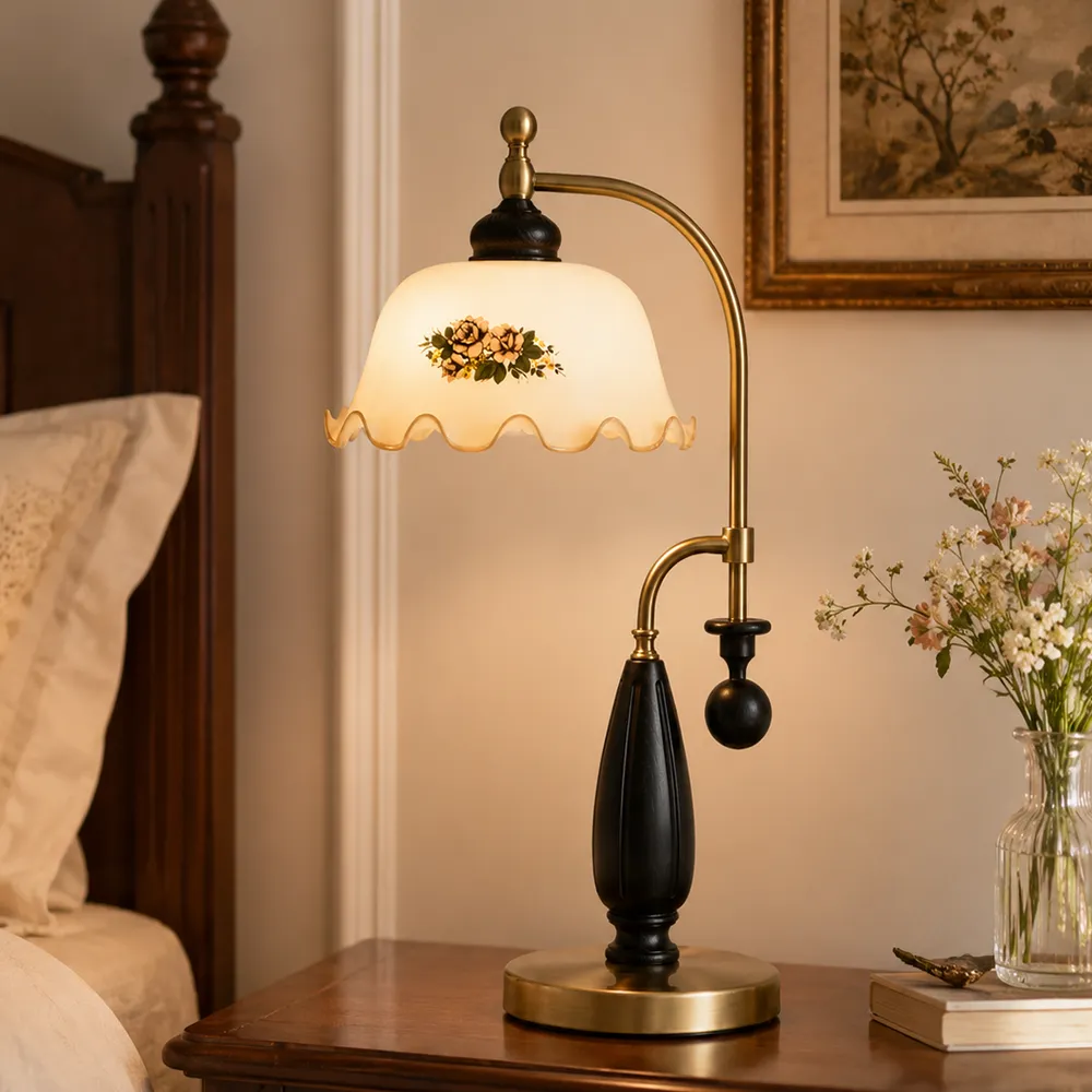 Vintage Floral Brass Table Lamp | Antique European Warm Bedside Lamp