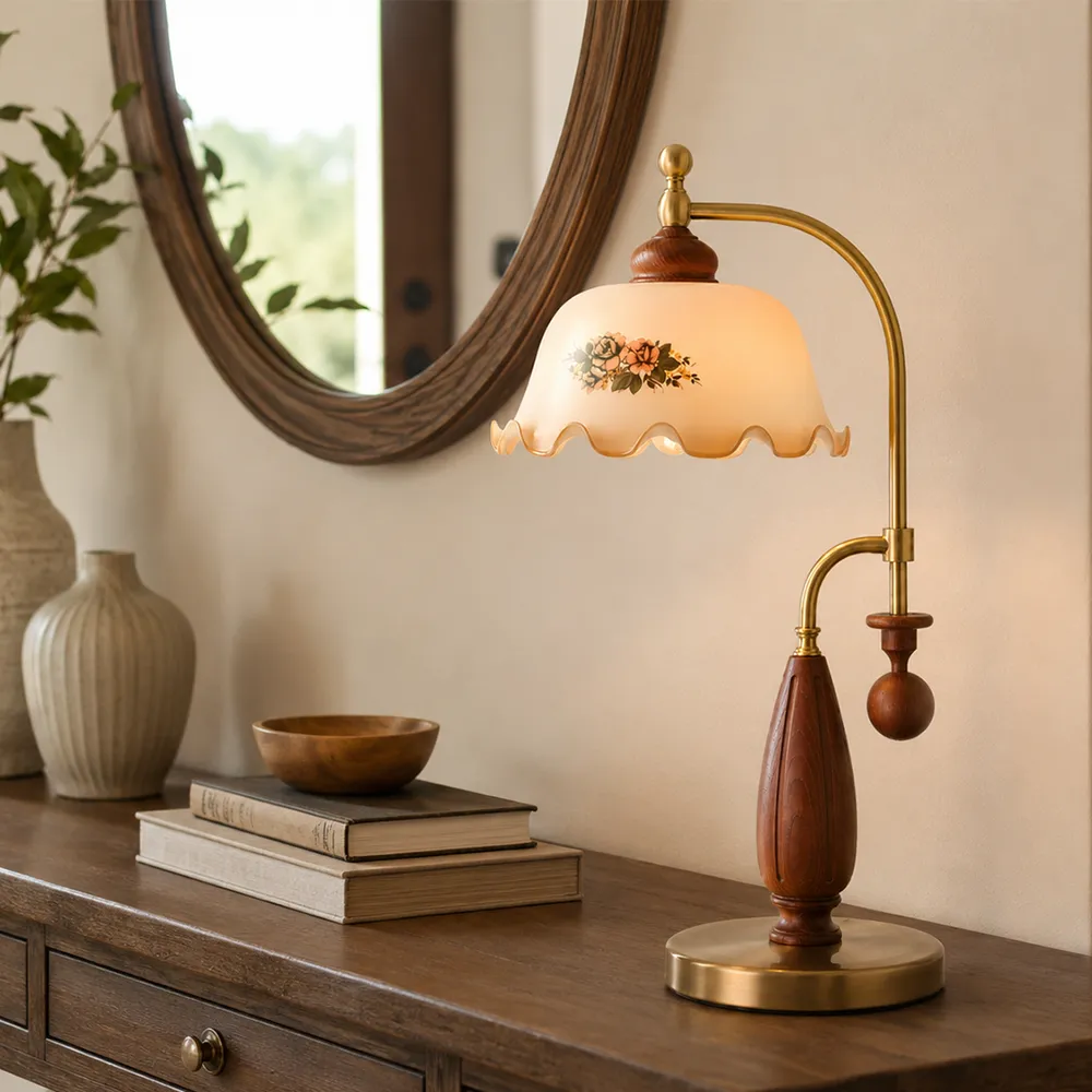 Vintage Floral Brass Table Lamp | Antique European Warm Bedside Lamp